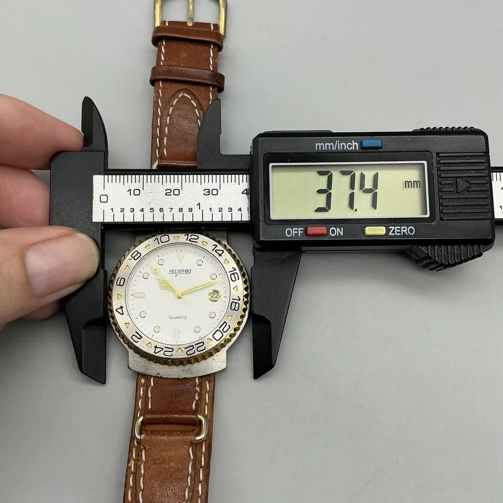 Vintage Helbros Mens Watch 37mm Leather Two Tone Bezel Date New Battery
